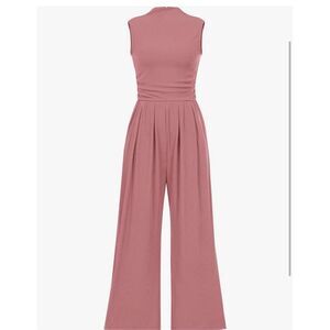 NEW Pink Jumpsuit Sleeveless Mock Neck Wide Leg Ribbed Pockets L